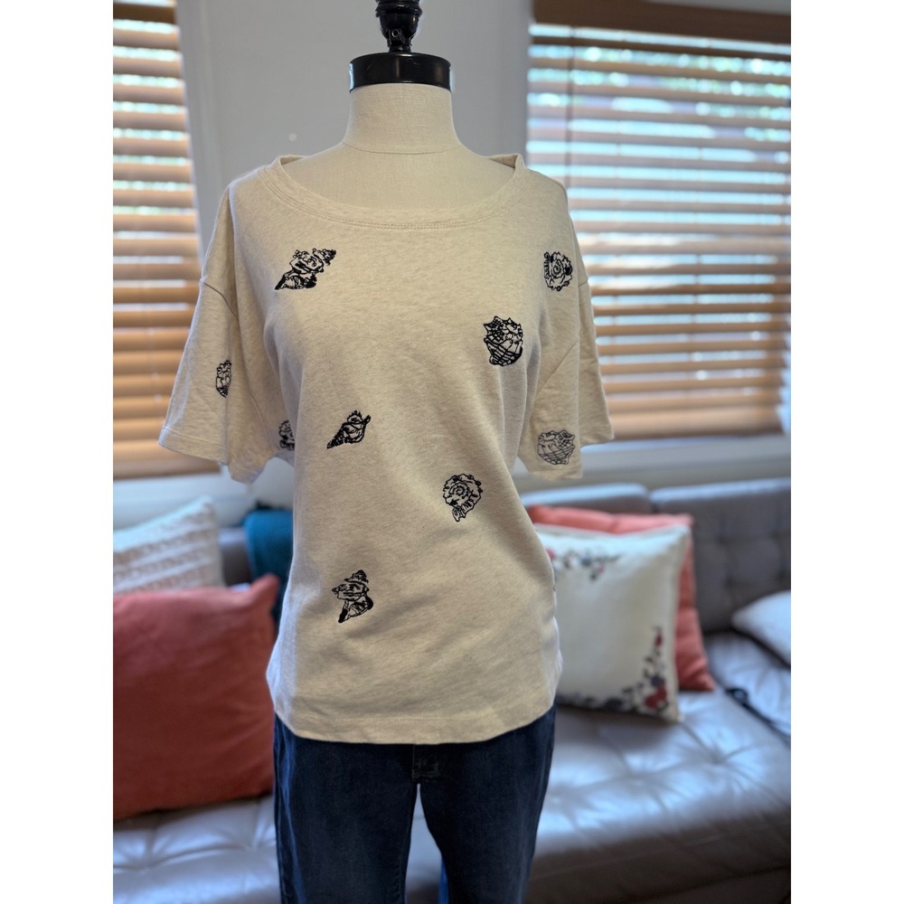 Maeve Anthropologie Embroidered Seashell Short Sleeve Sweatshirt XL Oatmeal